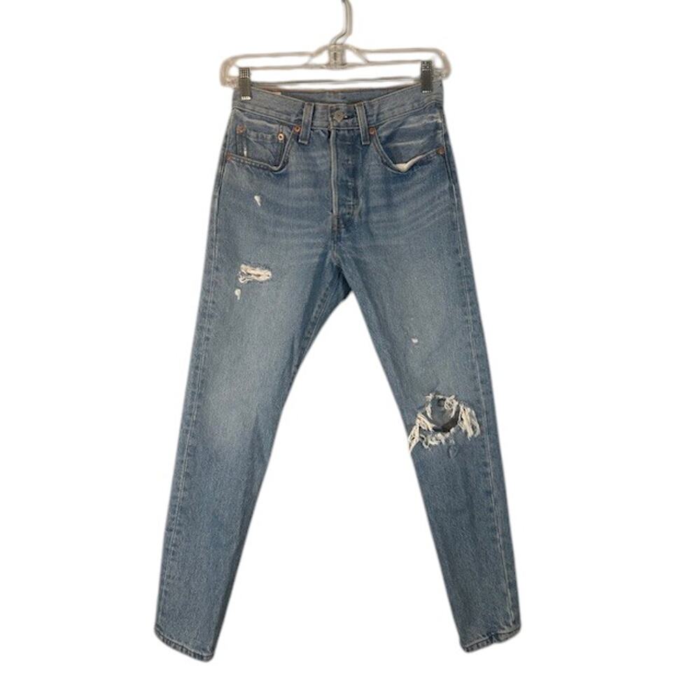 Levi’s Women’s Light Blue 501 S Skinny Button-Fly Distressed Denim Jeans Size 26